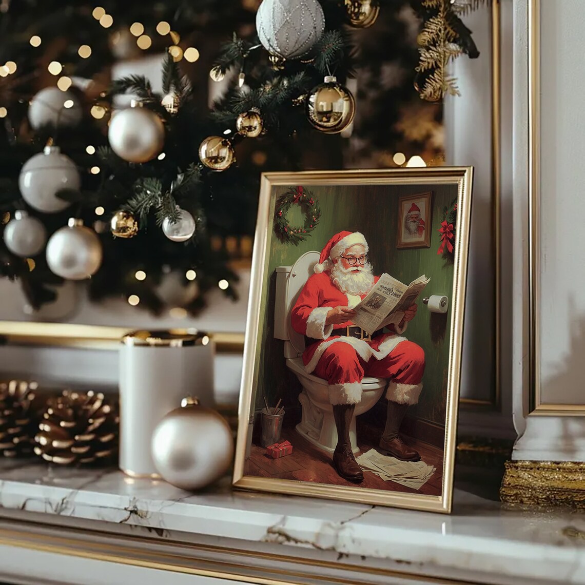 Santa Claus On Toilet Reading Newspaper Christmas Bathroom Art Poster - Image 3