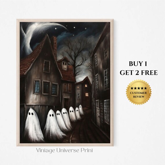 Seven Sheet Ghosts Wandering a Dark Village Street at Night Spooky Poster