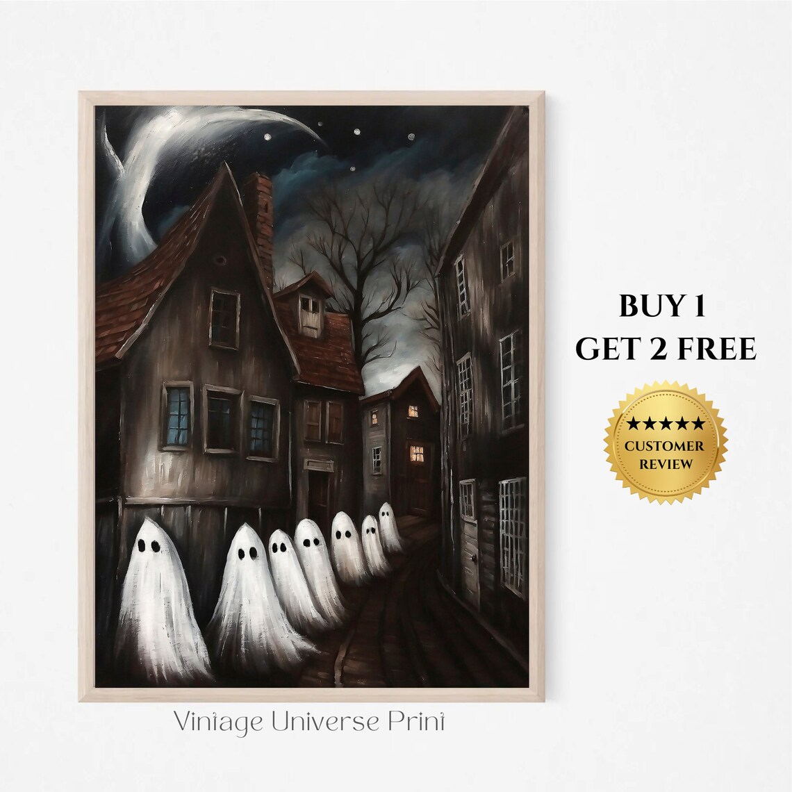 Seven Sheet Ghosts Wandering a Dark Village Street at Night Spooky Poster