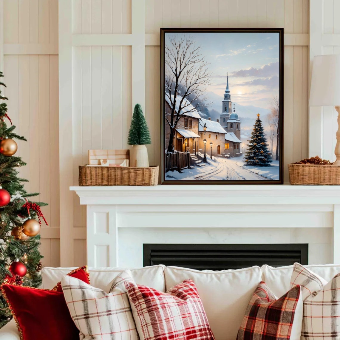 Snowy Village Church and Christmas Tree Twilight Vintage Poster - Image 4