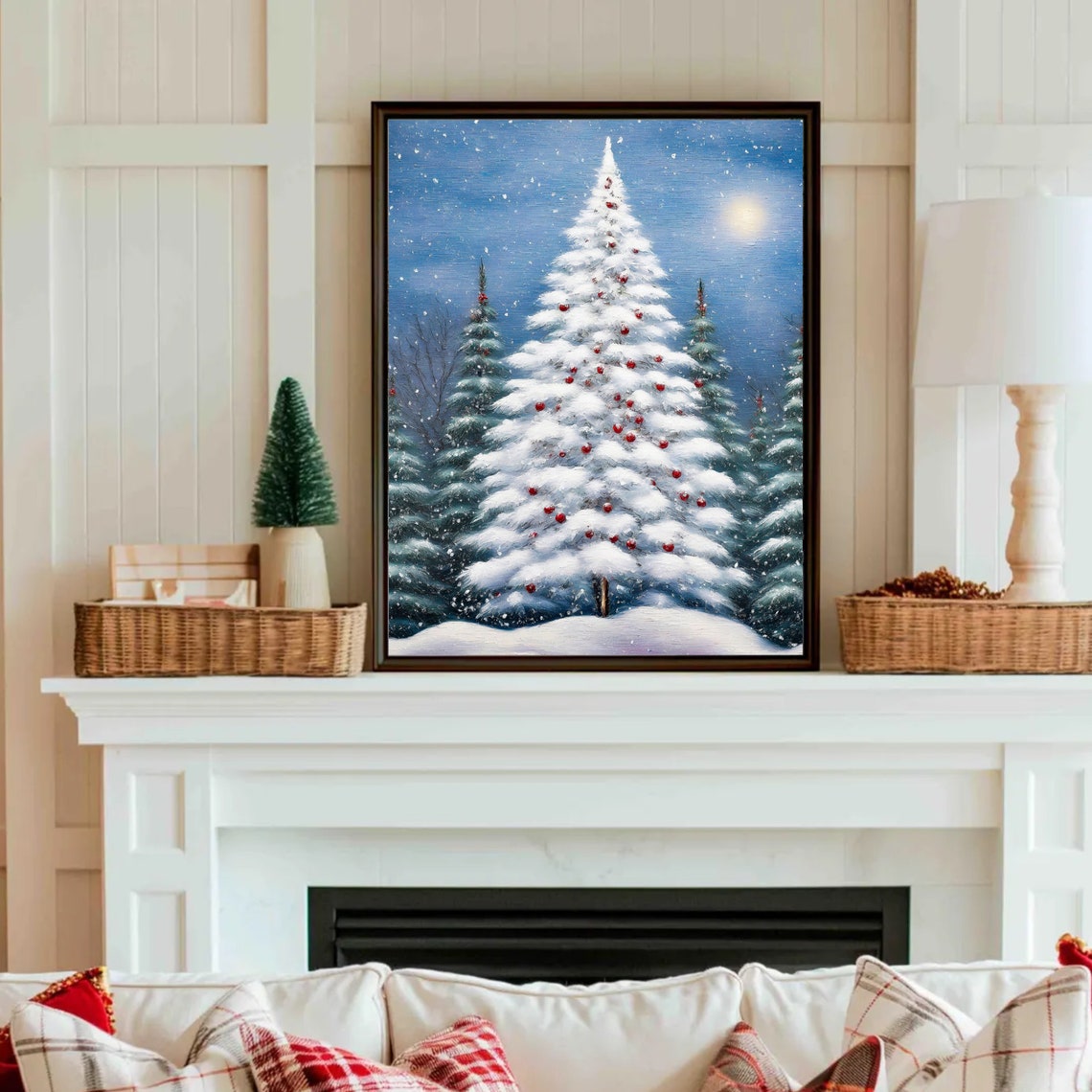 Snowy Christmas Tree Red Ornaments Moonlit Night Winter Poster - Image 3