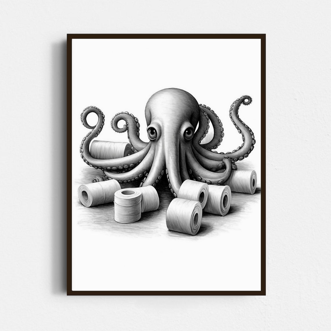 Octopus With Toilet Paper Rolls Black And White Bathroom Poster - Image 4