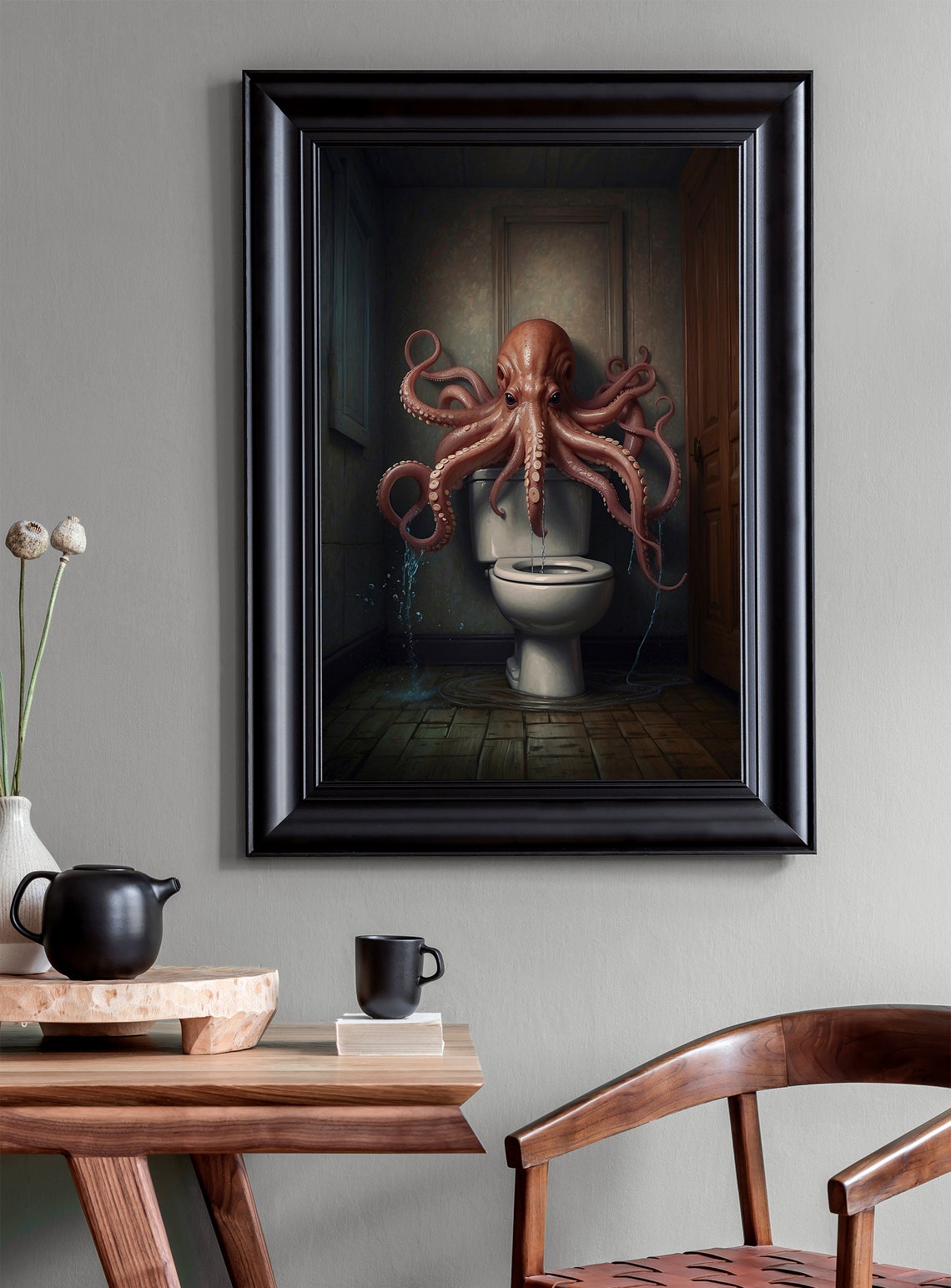 Red Octopus Sitting On Toilet Tank Dark Moody Bathroom Poster - Image 2