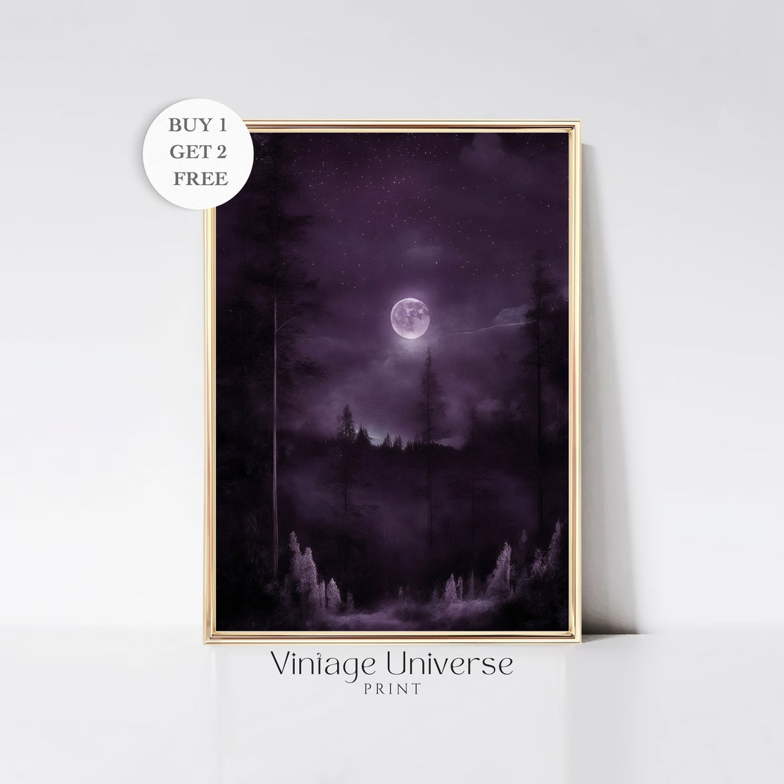 Purple Night Sky Full Moon Over Forest Vintage Celestial Poster