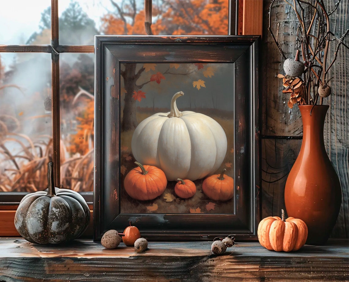 White Pumpkin With Orange Pumpkins Autumn Still Life Painting Poster - Image 2