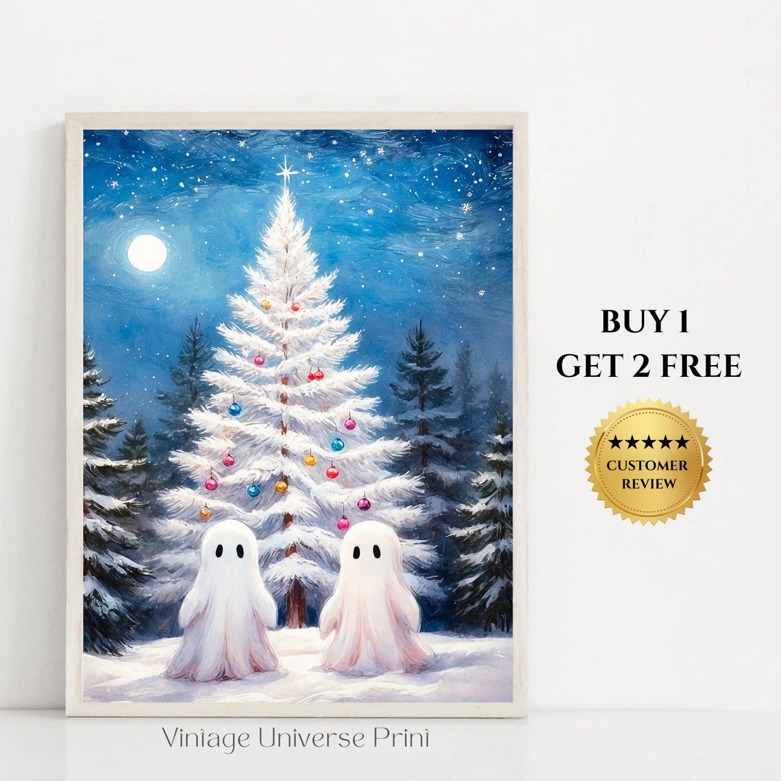 Two Ghosts by Snowy White Christmas Tree Under Moonlight Print