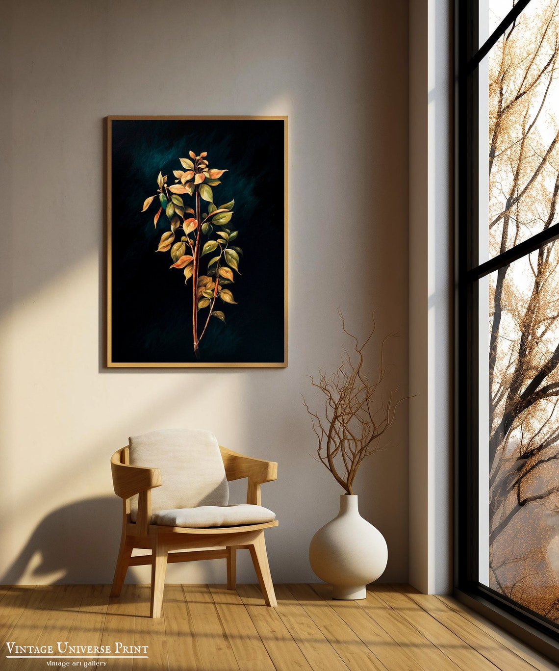 Autumn Branch with Golden Leaves Dark Botanical Study Poster - Image 2