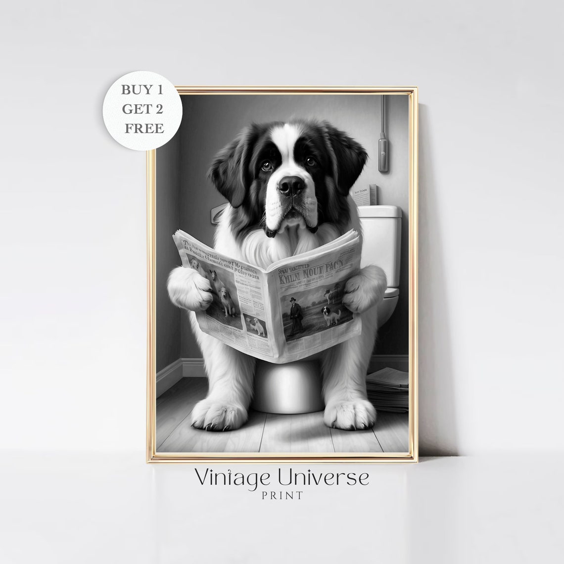 Saint Bernard Reading A Newspaper On The Toilet Funny Dog Poster