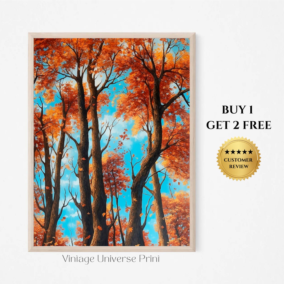 Towering Autumn Trees With Orange Canopy Against A Blue Sky Poster