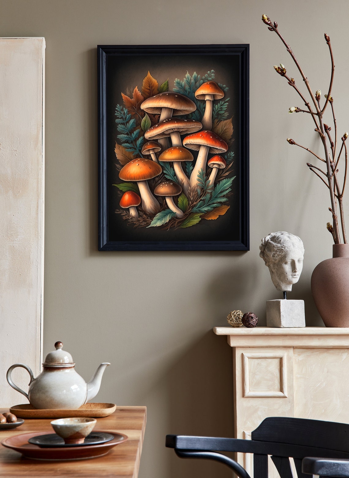 Moody Forest Mushrooms With Autumn Leaves Dark Botanical Poster - Image 2
