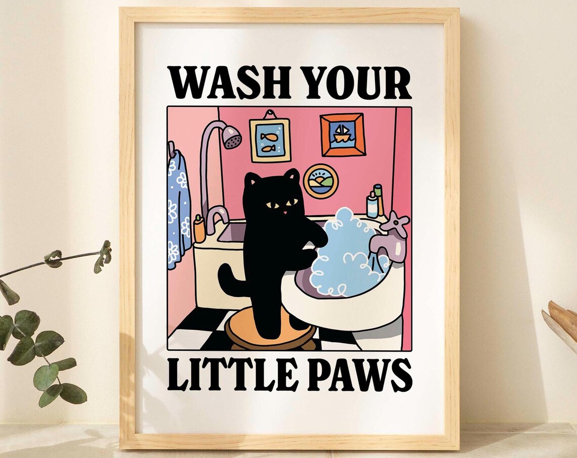 Wash Your Paws Cat Poster, Cute Bathroom Decor