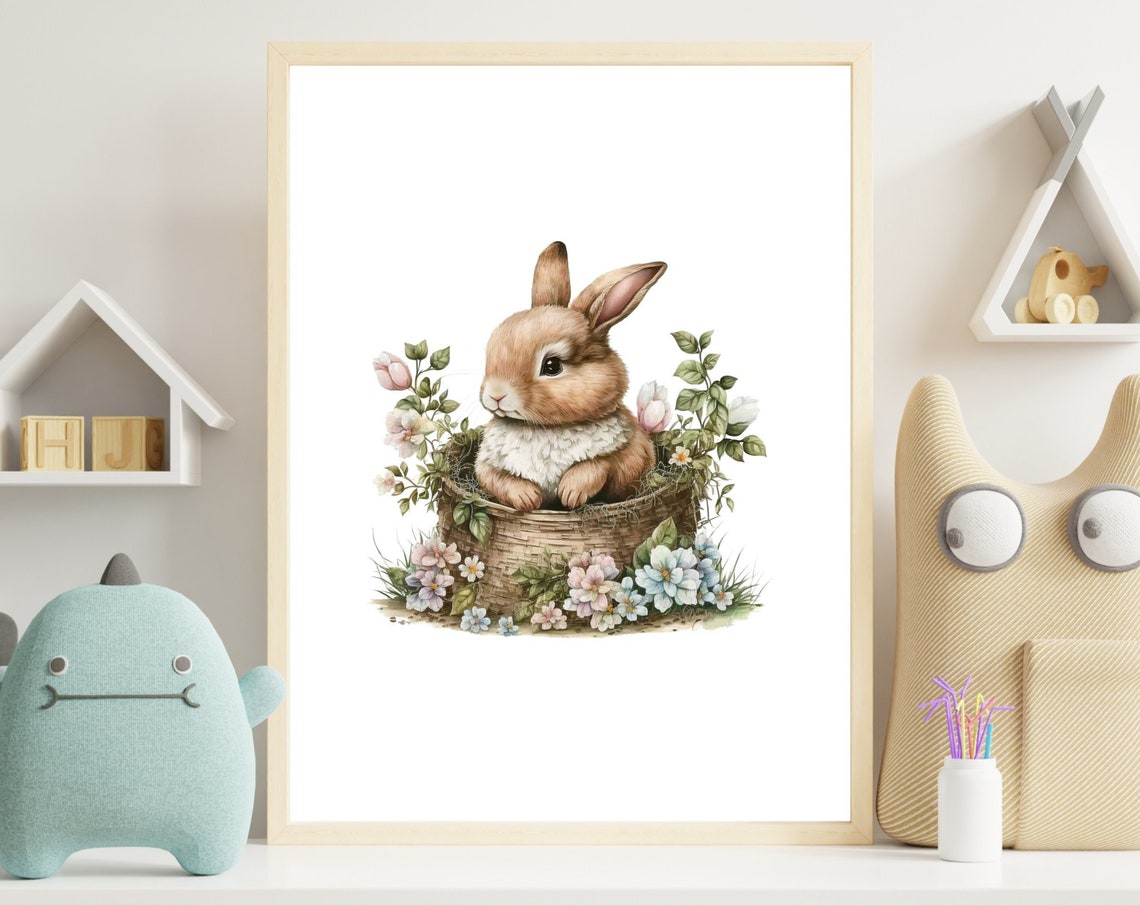 Watercolour Bunny in a Flower Basket Pastel Nursery Easter Poster