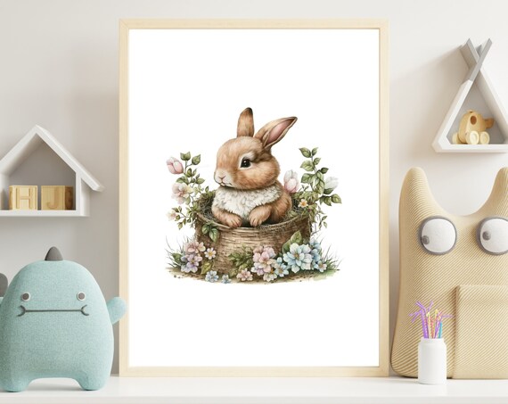 Watercolour Bunny in a Flower Basket Pastel Nursery Easter Poster