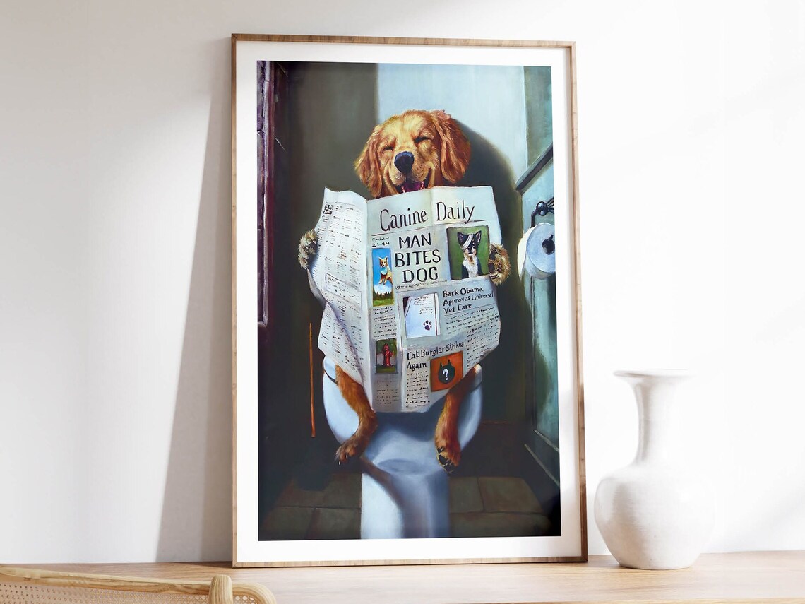 Funny Dog Bathroom Decor Toilet Humor Oil Painting Art