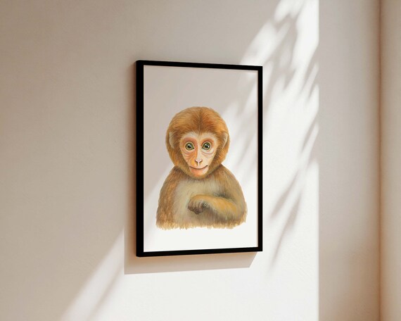 Hand Drawn Baby Monkey Watercolour Safari Poster for a Nursery Room