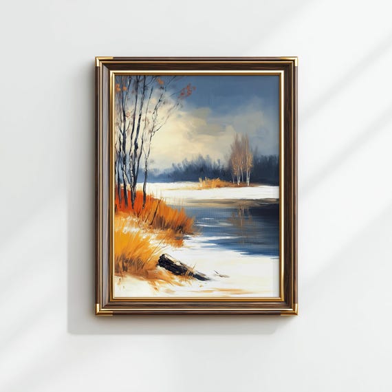 Sunlit Winter Landscape Wall Art Classic Oil Painting Peaceful Snow Scene Reflective Stream Decor 45