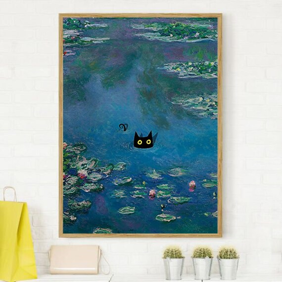 Claude Monet Water Lilies With Black Cat Poster Preppy Wall Art Funky Wall Art Funny Wall Art Pritable Wall Art Only Digital