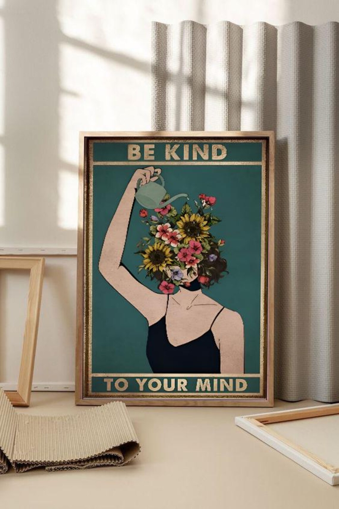 Be Kind To Your Mind Floral Woman Vintage Positivity Quote Poster - Image 3