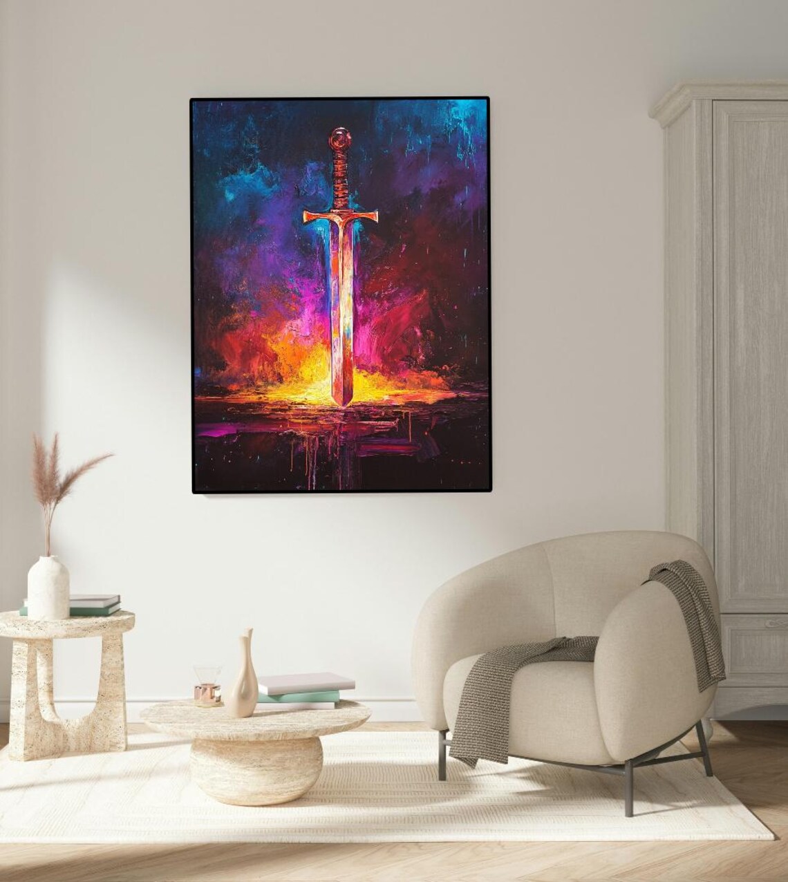 Neon Sword Fantasy Painting Vibrant Colorful Abstract Art Poster