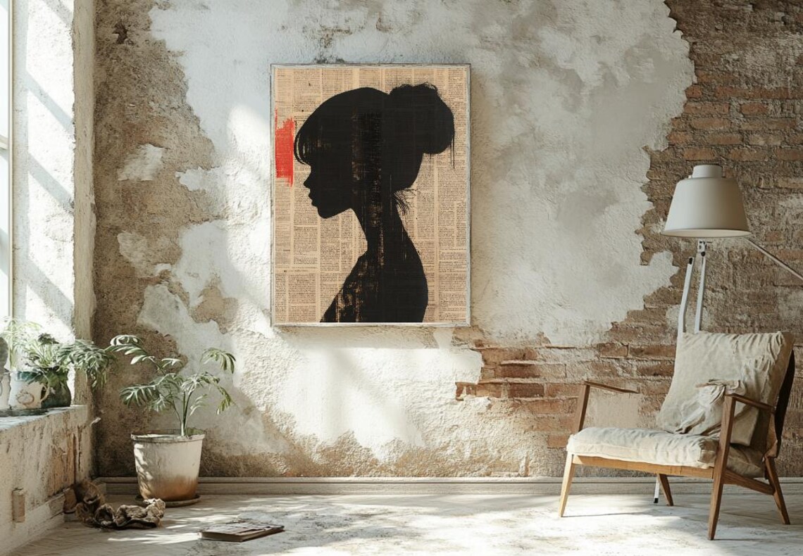 Woman Silhouette Profile on Vintage Newspaper Background Art Poster