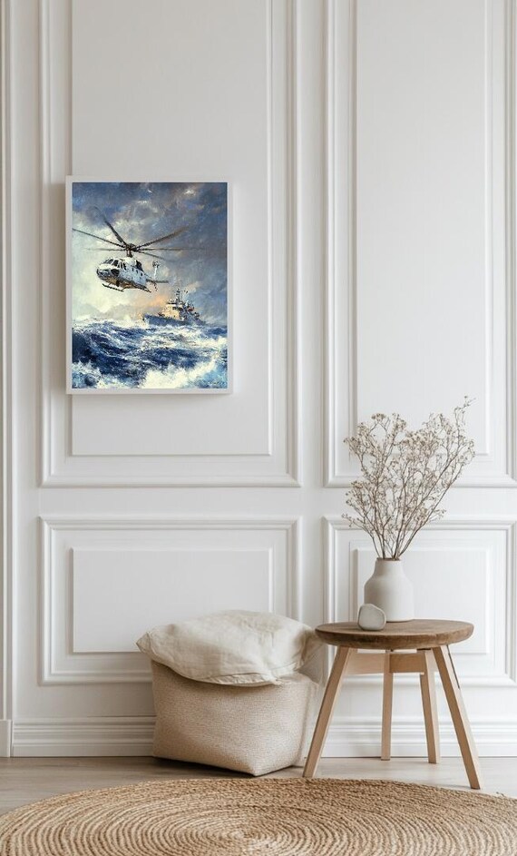 Helicopter Ocean Rescue Stormy Sea Aviation Painting Wall Art