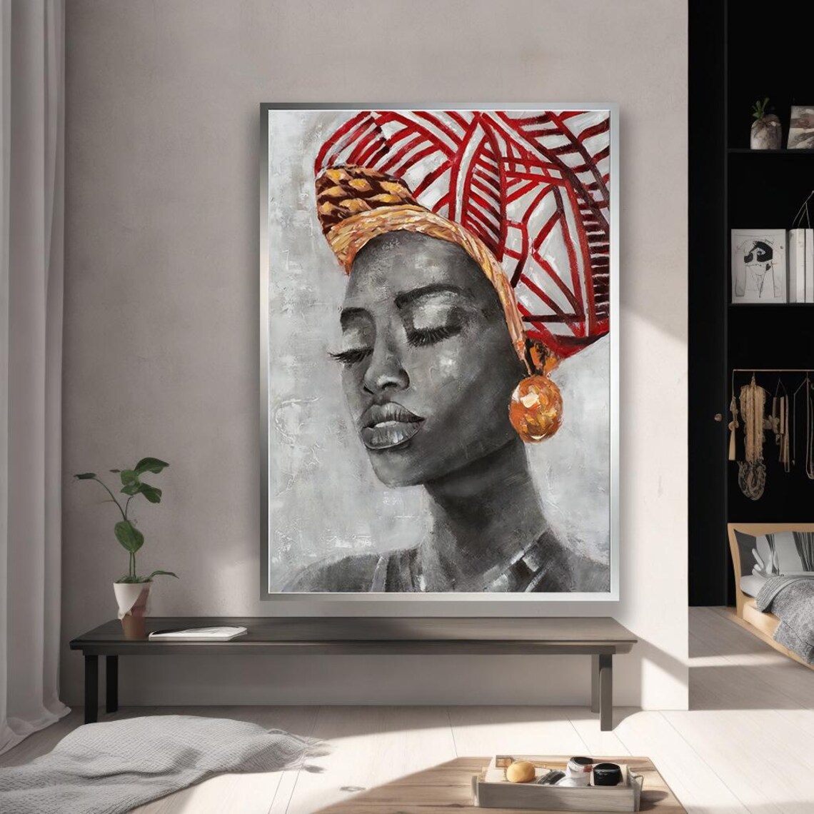 African Woman Portrait Red Headwrap Gray Textured Art Poster