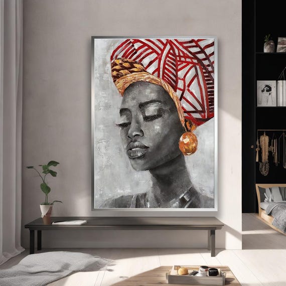 African Woman Canvas Art Red Headwrap Portrait Framed Print