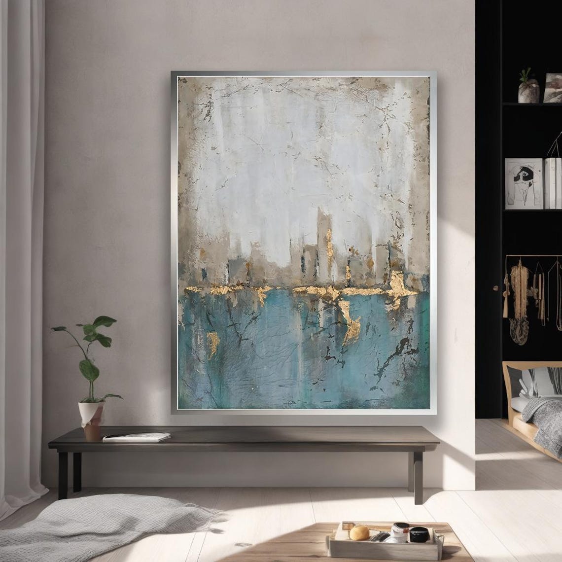 Abstract Cityscape With Gold And Teal Accents Canvas Wall Art