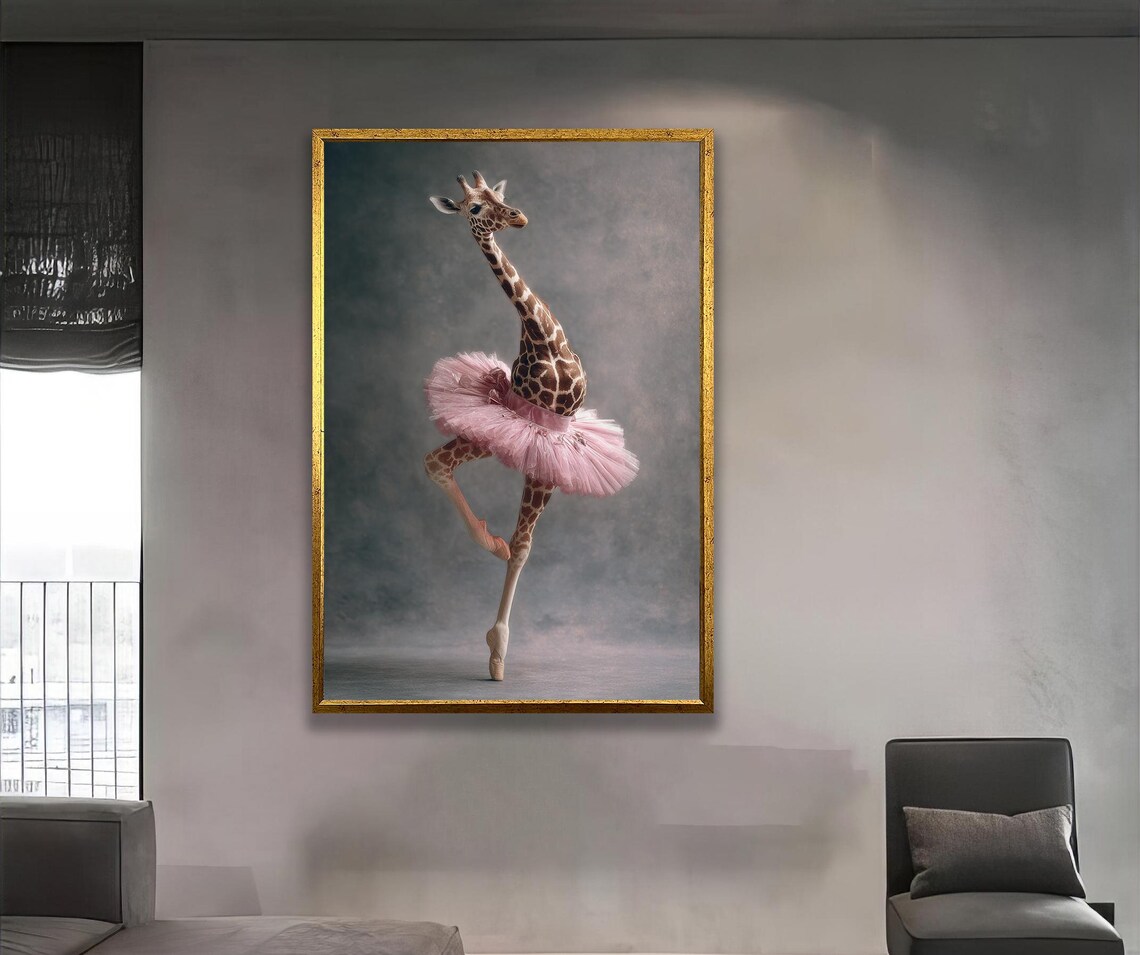 Giraffe Ballerina Pink Tutu Ballet Pose Whimsical Animal Art Poster