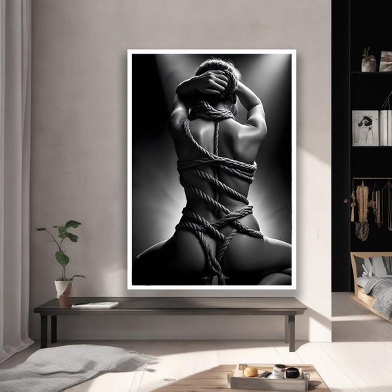 Black And White Rope Art Sensual Female Back Canvas For Modern Wall Decor
