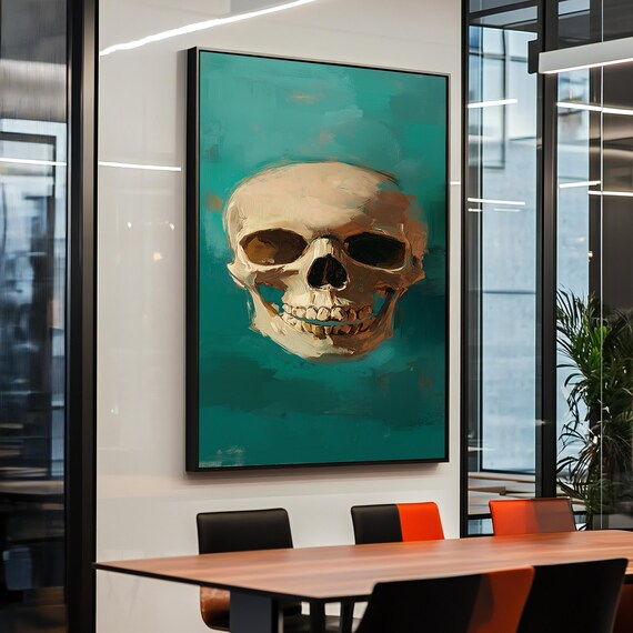 Skull Oil Painting Print Bold Gothic Wall Art On Teal Background