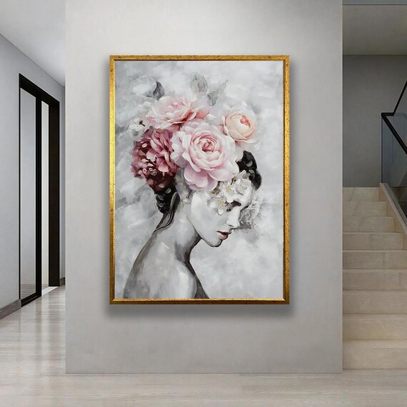Elegant Woman Pink Roses Profile Soft Floral Portrait Painting Poster