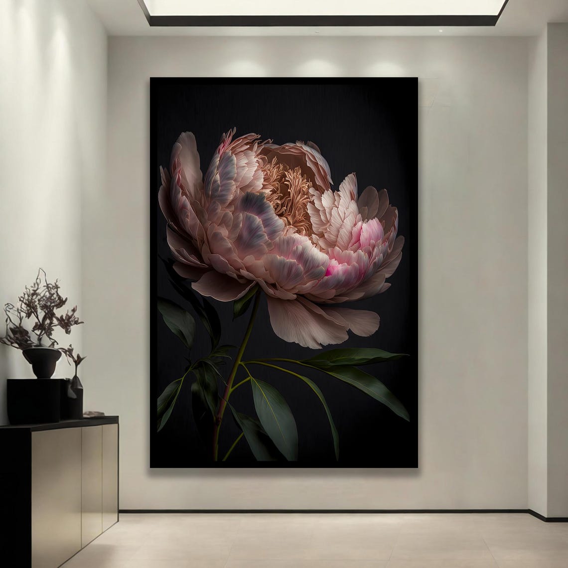 Blush Pink Peony on Black Elegant Moody Flower Painting Art Poster