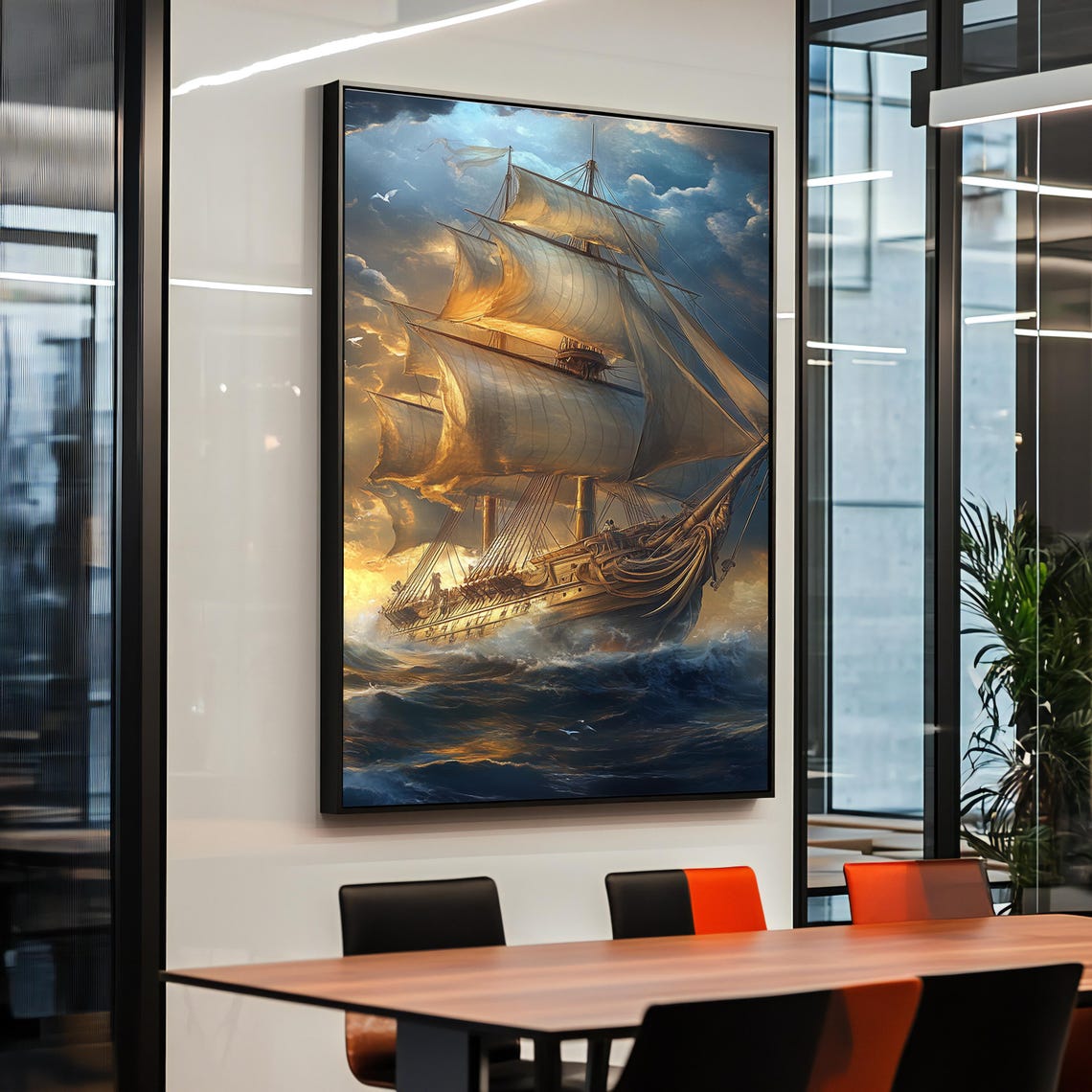 Dramatic Tall Ship Sailing Stormy Sea Golden Sails Nautical Poster