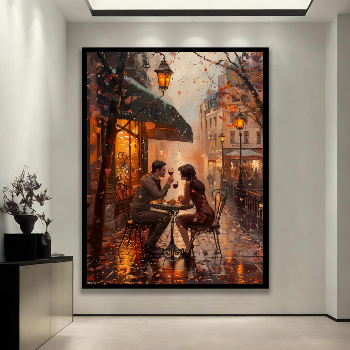Romantic Couple Wine Dinner Parisian Cafe Autumn Evening Poster