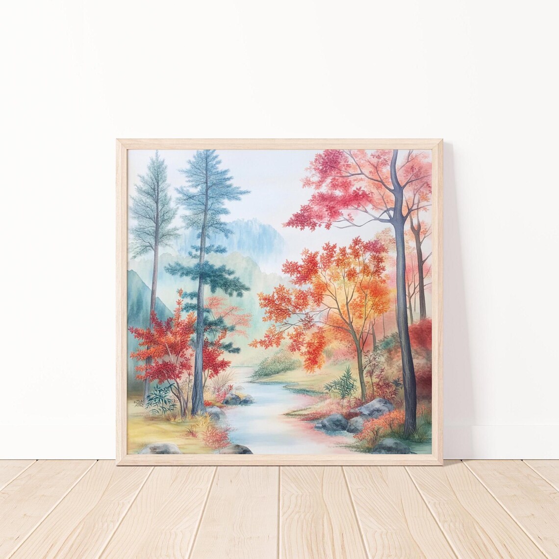 Autumn Forest Watercolor Red Maples Blue Pines Stream Fall Scene Poster