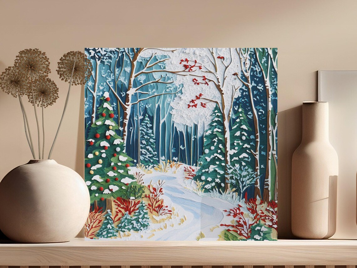 Winter Forest Path Snowy Evergreen Textured Oil Painting Poster - Image 3