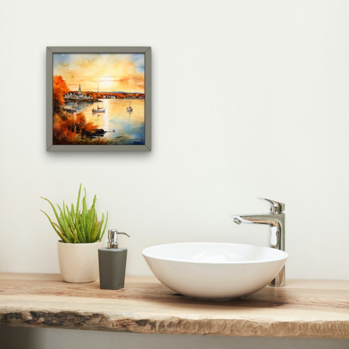 Golden Harbor Sunset Sailboats Autumn Watercolor Coastal Art Poster - Image 3
