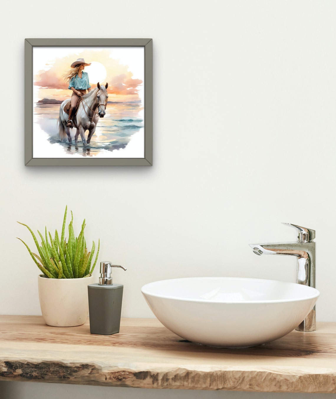 Cowgirl Riding White Horse on the Beach at Golden Sunset Poster - Image 3