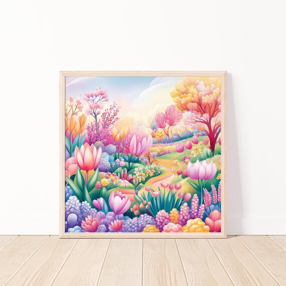 Colorful Floral Fantasy Landscape Art Print Garden Wonderland Wall Mystical Flower Field Illustration 20x20
