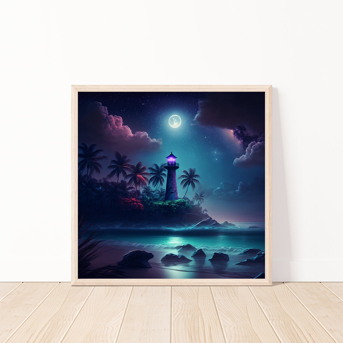 Moonlit Lighthouse On Tropical Island With Palm Trees Night Wall Art