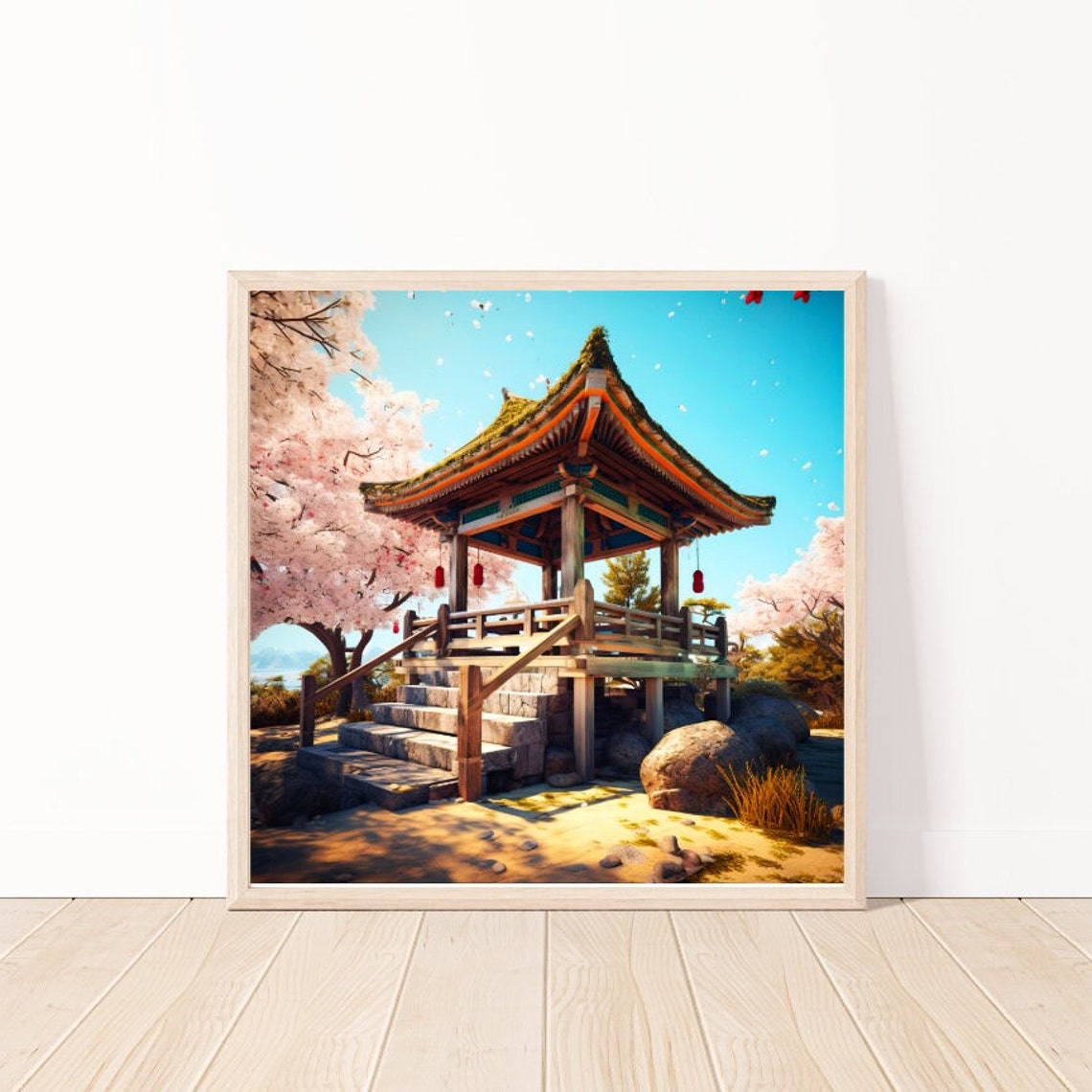 Japanese Temple Pavilion Cherry Blossom Spring Garden Art Poster