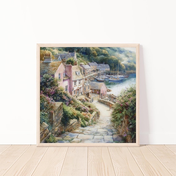 Watercolor Fishing Village With Boats Anchored in the Harbor Poster