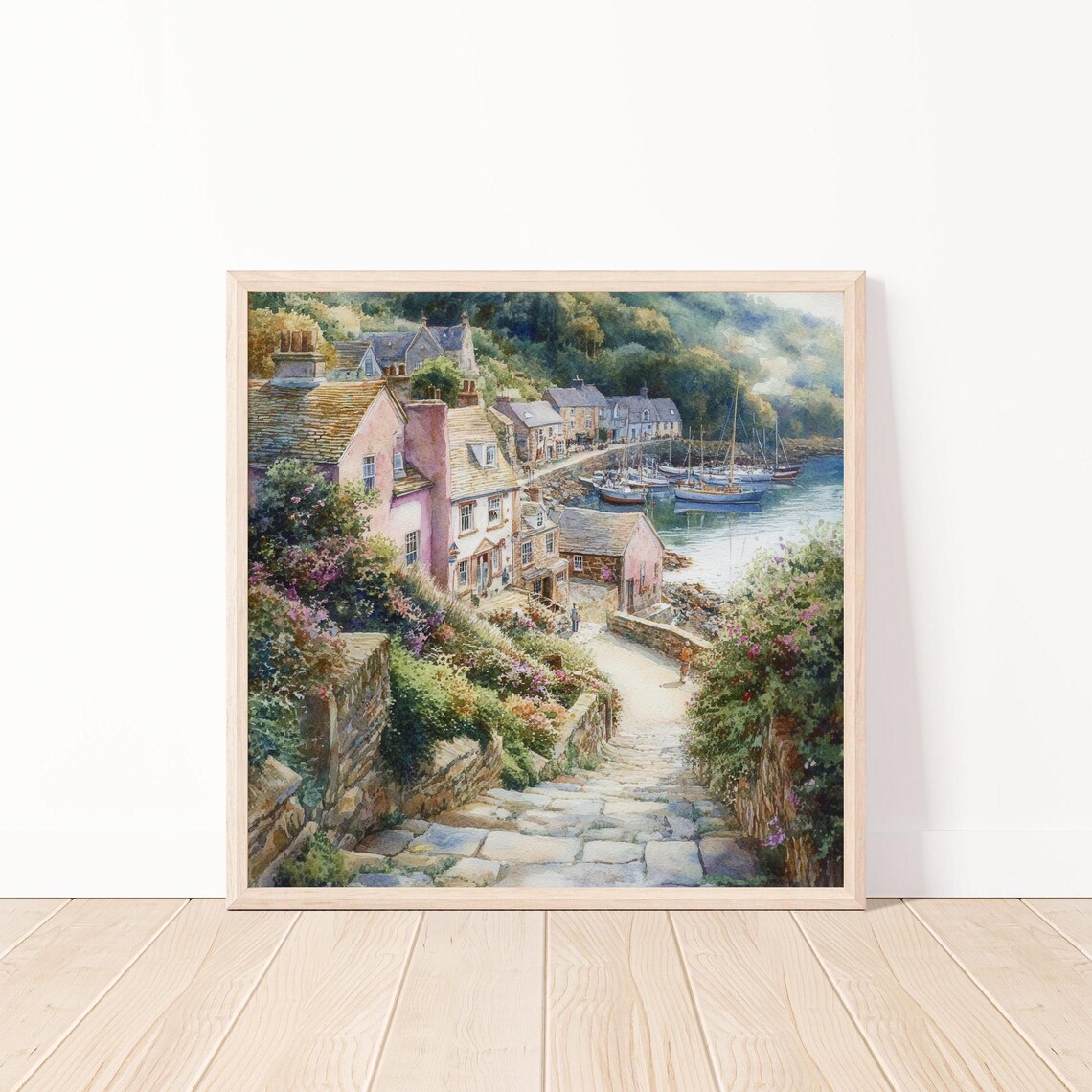 Watercolor Fishing Village With Boats Anchored in the Harbor Poster