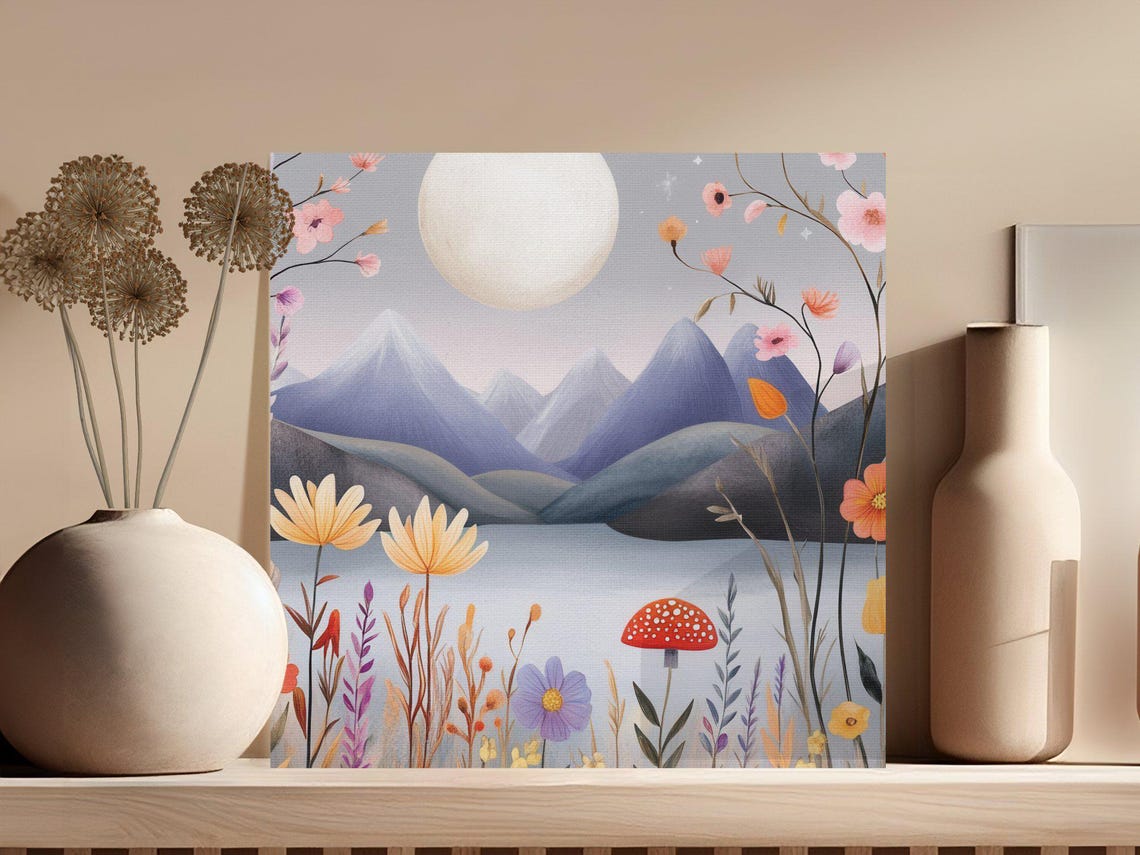 Full Moon Mountain Lake Wildflower Meadow Starry Night Nature Poster - Image 3