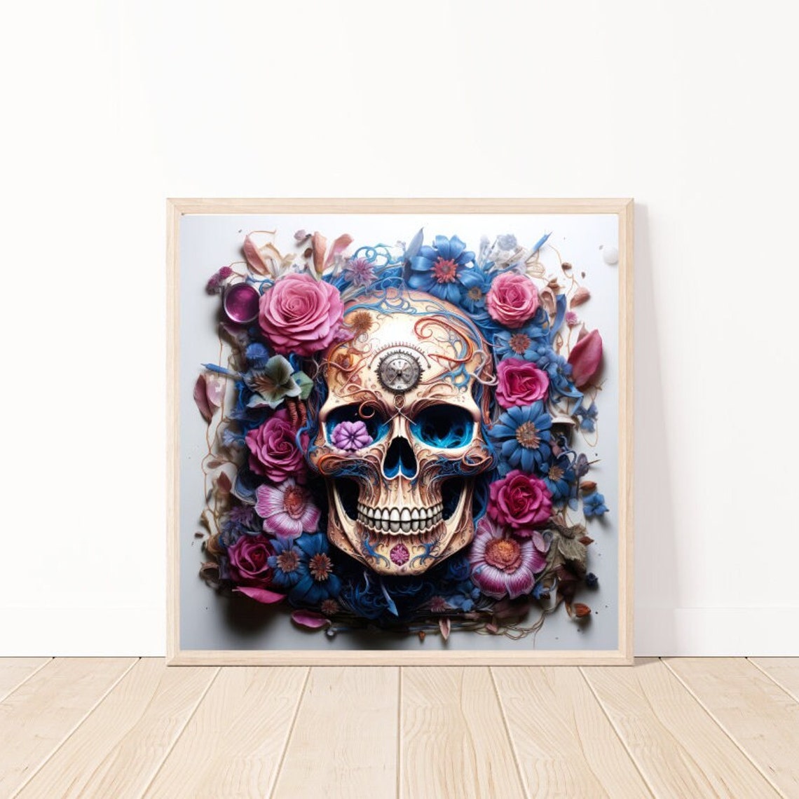 Gothic Sugar Skull with Colorful Flowers and Pocket Watch Poster