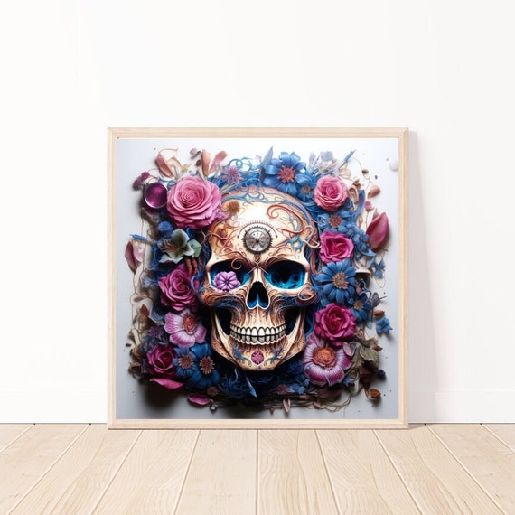 Gothic Skull And Flowers Wall Art Skull Floral Design Colorful Gothic 3d Style Floral Poster Skull Ai Art Folk Art