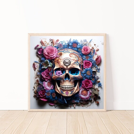 Gothic Sugar Skull with Colorful Flowers and Pocket Watch Poster