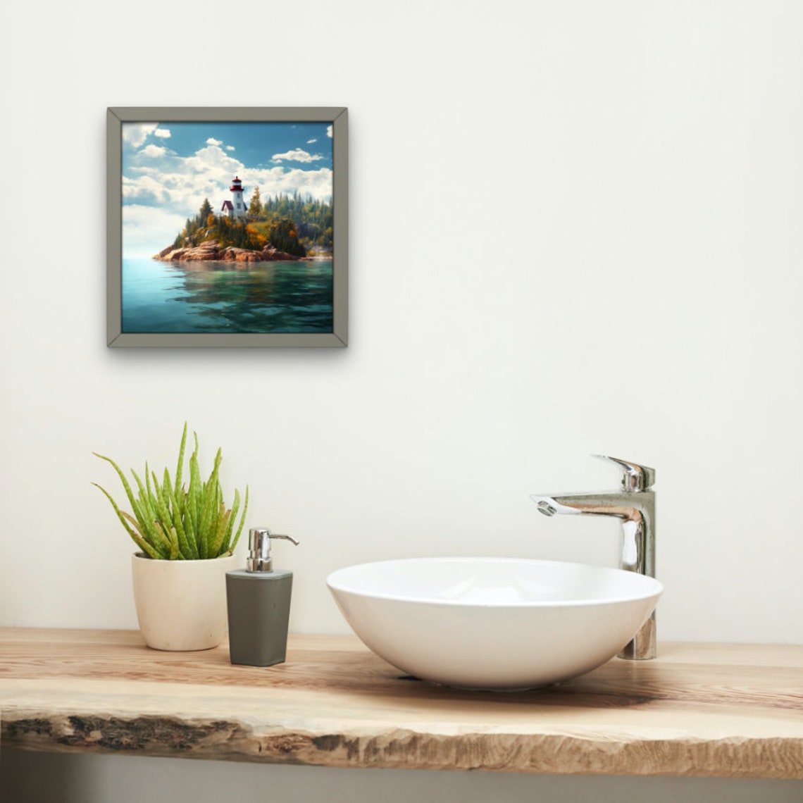 Red Lighthouse Forested Island Rocky Point Coastal Scene Art Poster