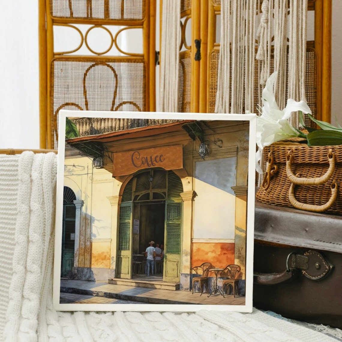 Vintage Coffee House Storefront Sunlit Colonial Street Art Poster - Image 3